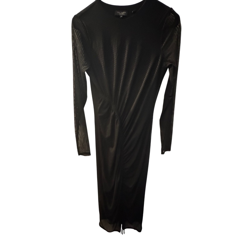 Ted Baker London Black Mesh Ruched Midi Dress Long Sleeve‎ Chevron Size 2 - Picture 5 of 6